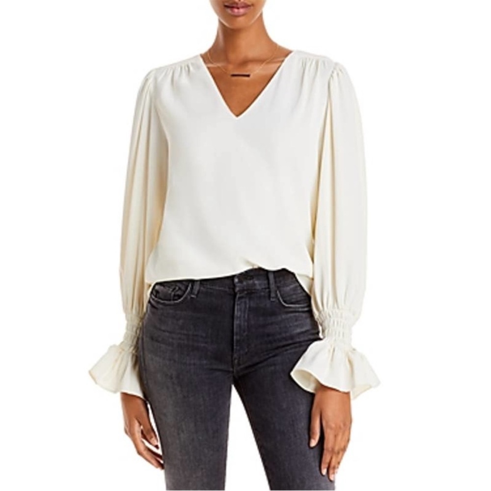 NWOT AQUA Ivory White Blouse Puff sleeve V neck Top Ruffle Long sleeve Size S